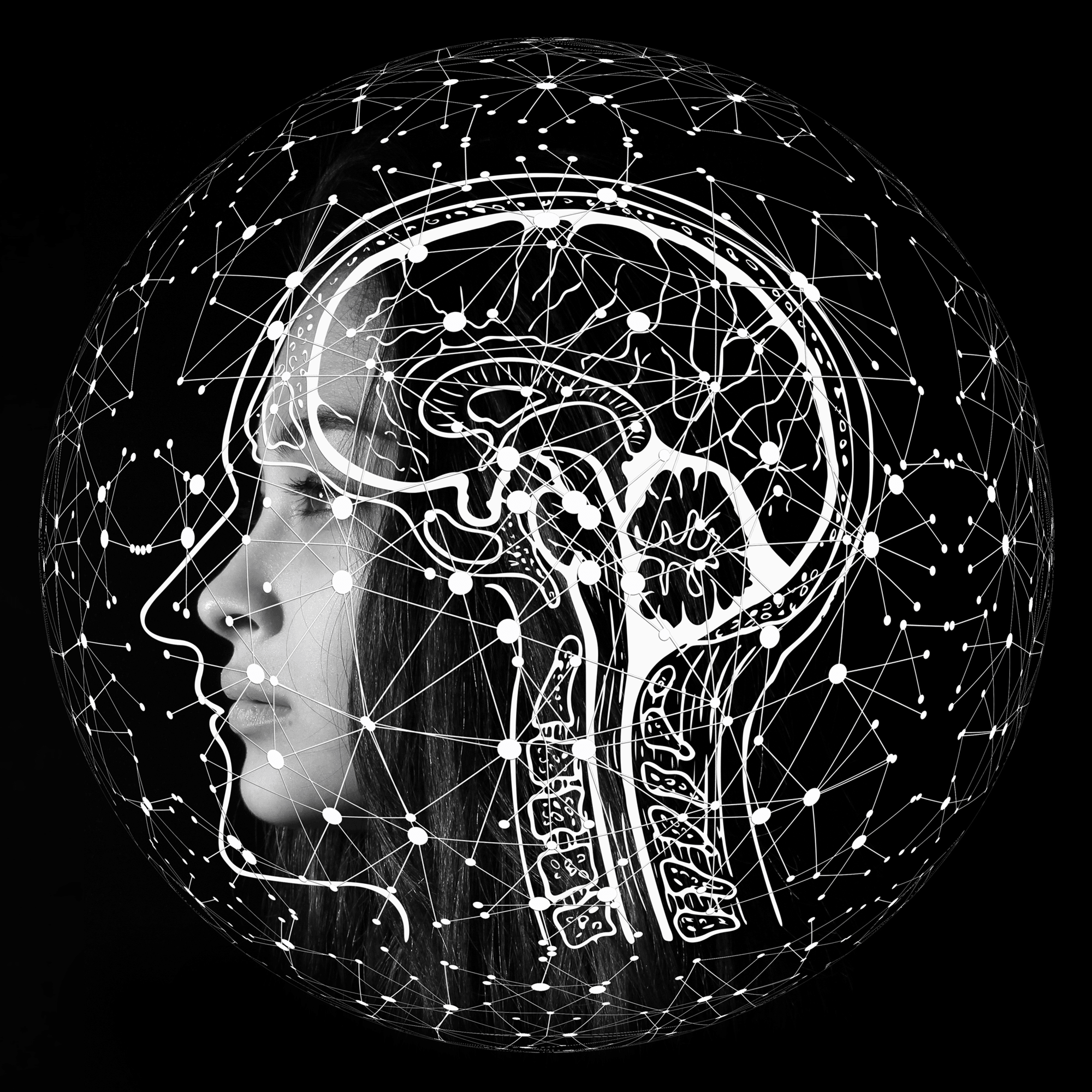 Illustrated brain around female head