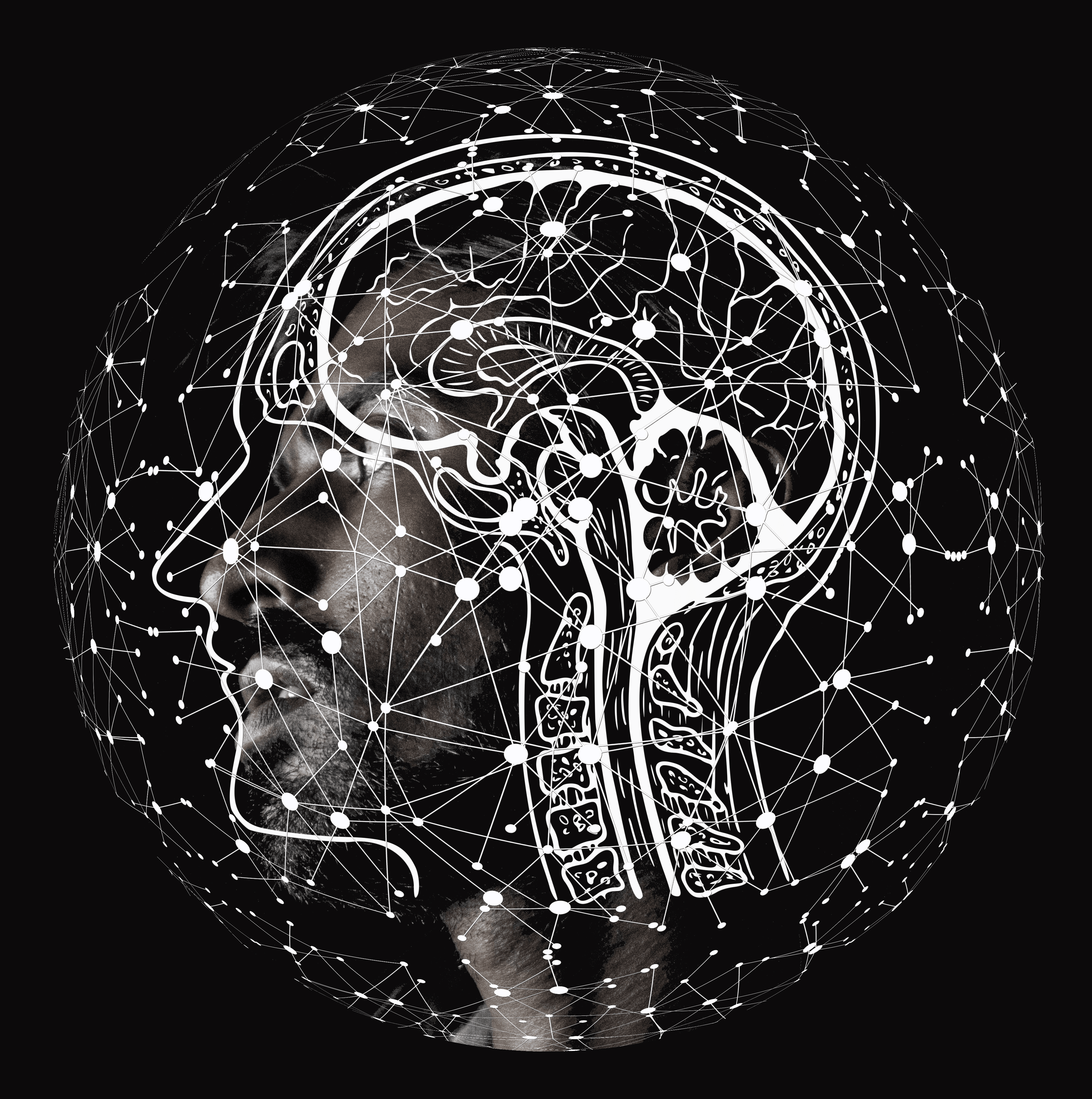 Illustrated brain around female head